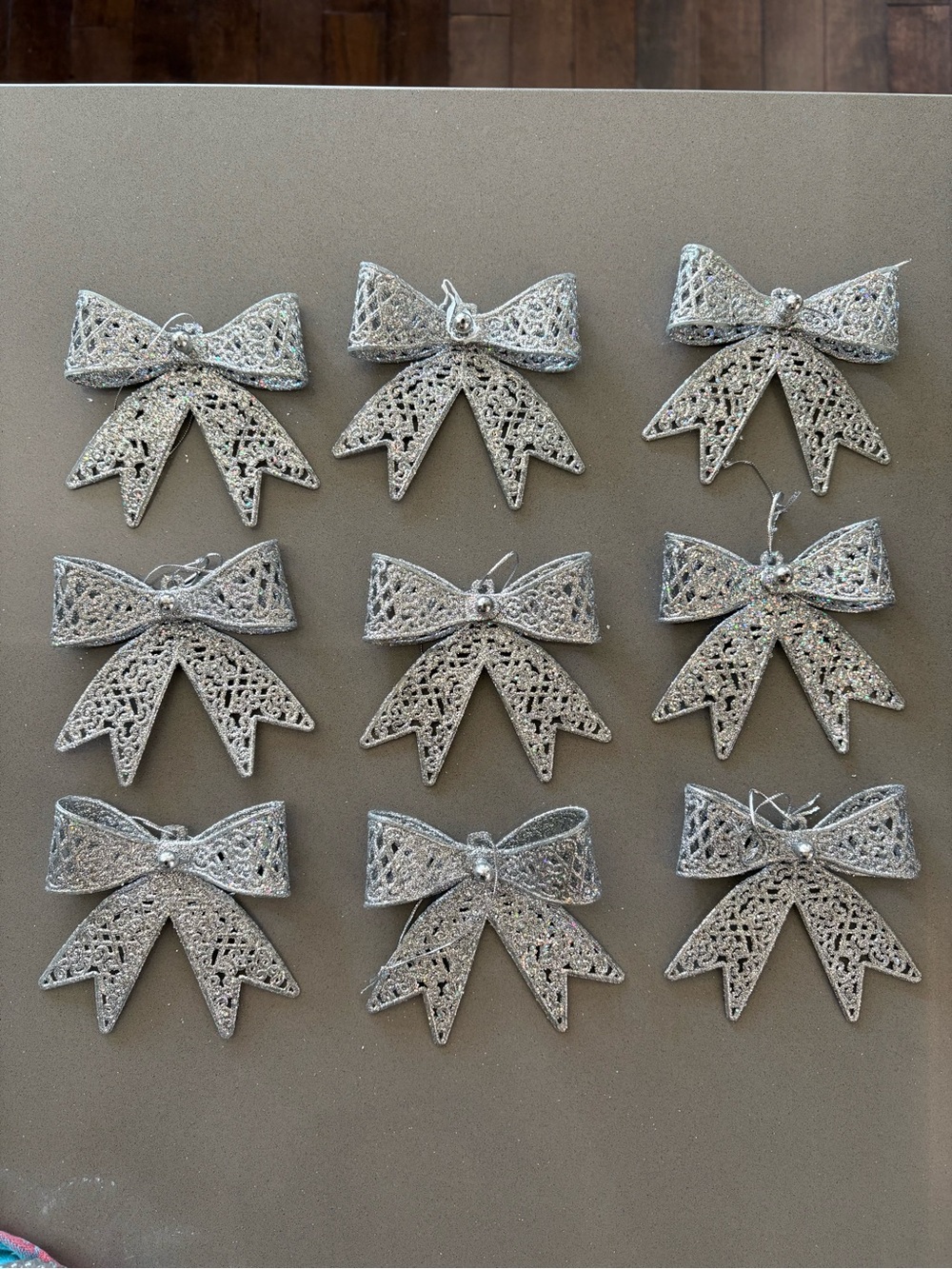 Set of 9 Silver Glitter Filigree Bow Ornaments / Present Toppers ✨